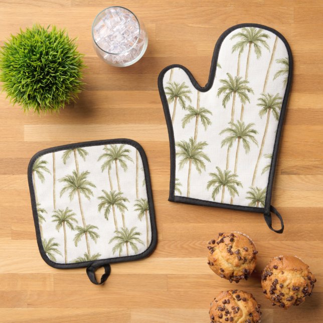 Tropical Green White Palm Trees   Oven Mitt & Pot Holder Set (Top Down)