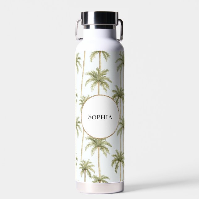 Tropical Green White Palm Trees   Water Bottle (Front)