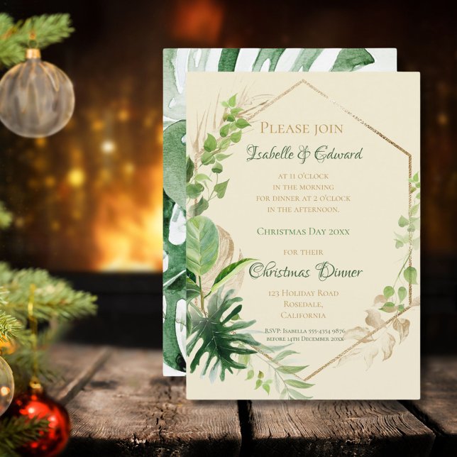 Tropical Green With Gold Leaves Christmas Dinner Invitation (Creator Uploaded)