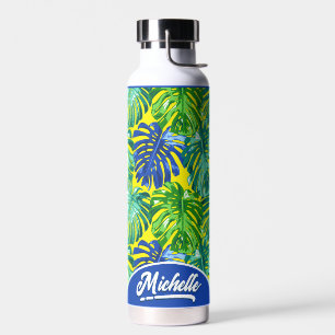 Tropical Green Yellow Jungle Leaves Name Custom Water Bottle