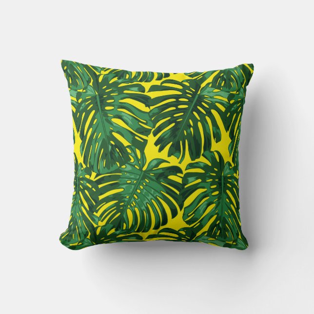 Tropical Green Yellow Jungle Leaves Pattern Cushion (Front)
