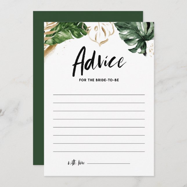 Tropical Greenery and Gold Foil Bridal Shower Advice Card (Front/Back)