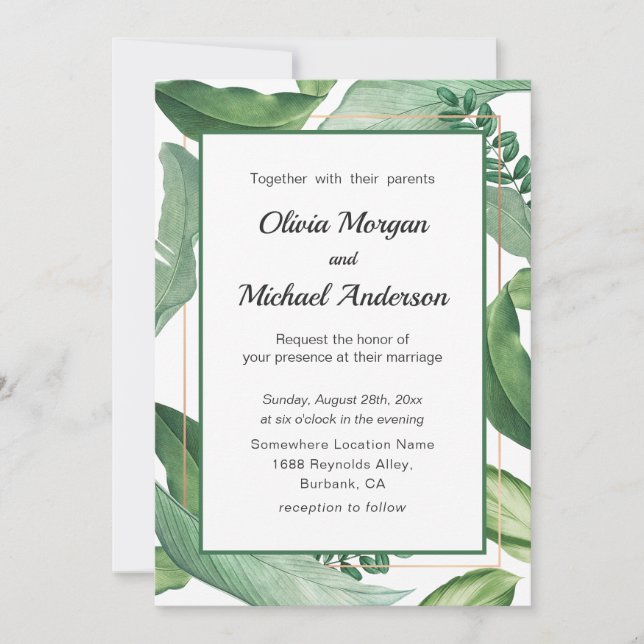 Tropical Greenery and Gold frame. Modern Wedding Invitation (Front)