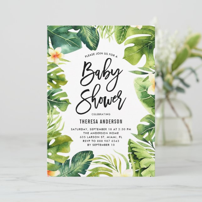 Tropical Greenery and Plumeria Baby Shower Invitation (Standing Front)