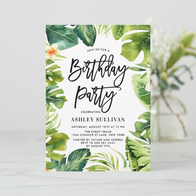 Tropical Greenery and Plumeria Birthday Party Invitation (Standing Front)