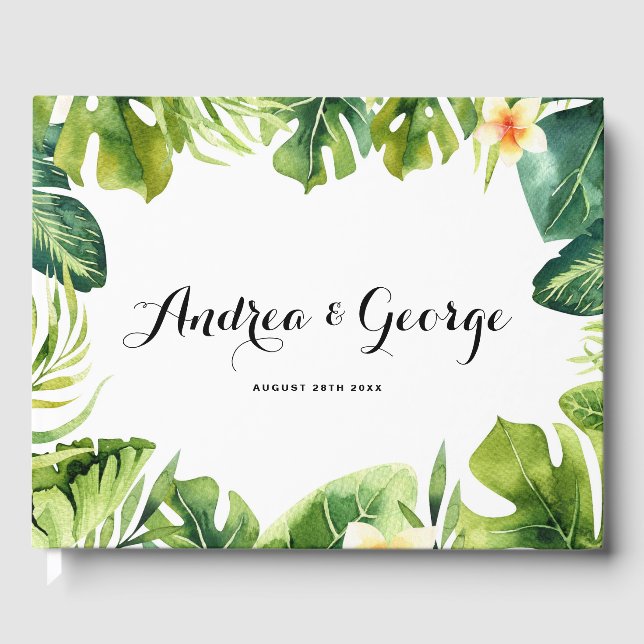 Tropical Greenery and Plumeria Frame Wedding II Guest Book (Front)