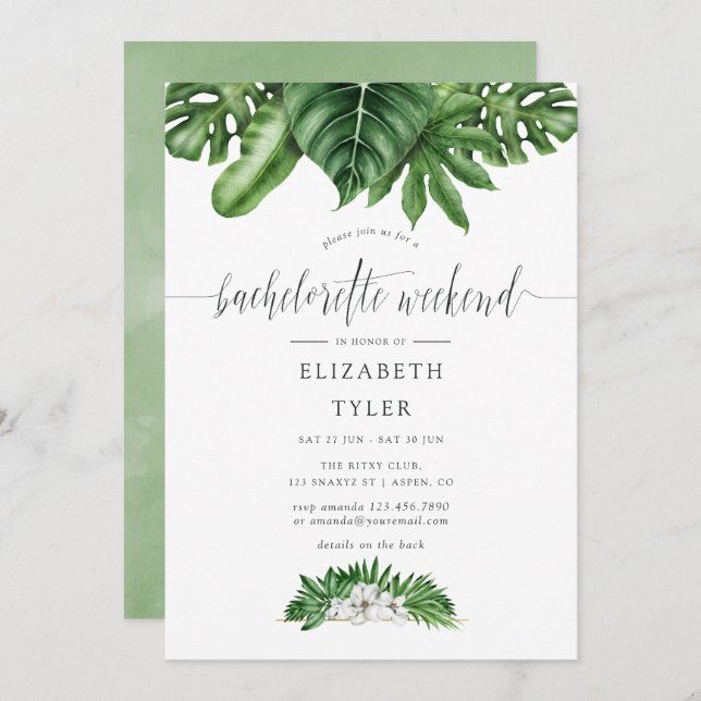 Tropical Greenery Bachelorette Weekend Itinerary Invitation (Front/Back)