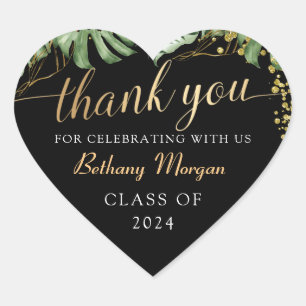 Tropical Greenery Black Gold Graduation Thank You Heart Sticker