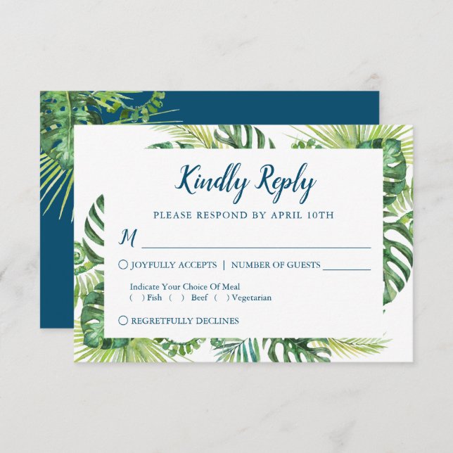 Tropical Greenery Blue Beach Wedding RSVP Card (Front/Back)