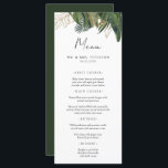 Tropical Greenery Botanical Summer Boho Wedding Menu<br><div class="desc">Present your reception dinner with exquisite style using this captivating custom menu design. A lush arrangement of vibrant tropical leaves and gleaming gold accents gracefully tops a crisp white background, complemented by a rich deep green reverse. This sophisticated botanical artwork adds a luxurious and exotic touch to each place setting,...</div>