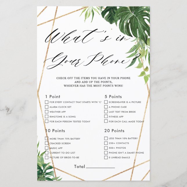 Tropical Greenery Bridal What's In Your Phone Game (Front)