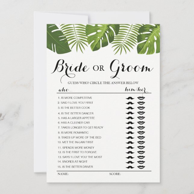 Tropical Greenery Bride or Groom game editable Invitation (Front)