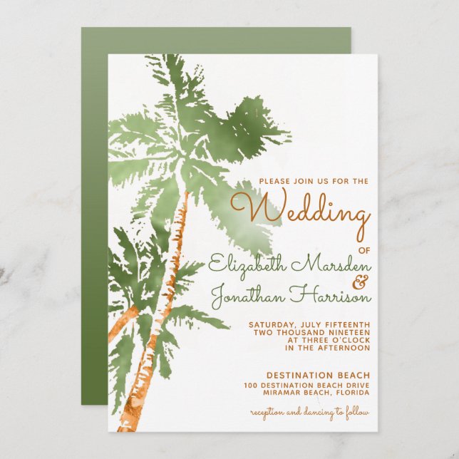 Tropical Greenery Copper Palms Beach Wedding Invitation (Front/Back)