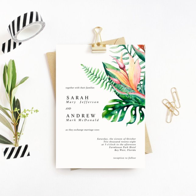 Tropical Greenery Flowers Modern Minimal Wedding Invitation (Creator Uploaded)