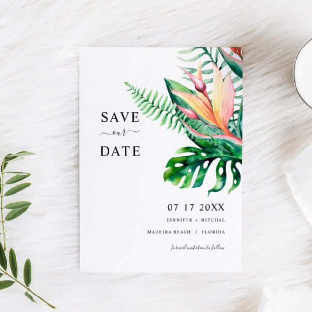 Tropical Greenery Flowers SAVE THE DATE Card (Creator Uploaded)