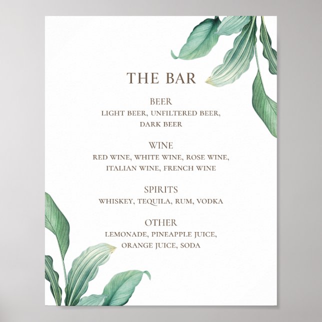 Tropical greenery foliage wedding alcohol drinks poster (Front)