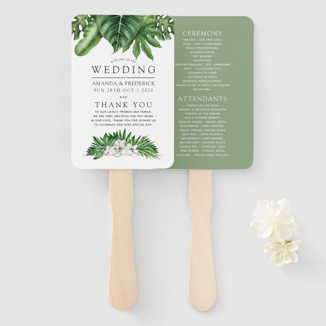 Tropical Greenery Foliage Wedding Program Hand Fan (Front and Back)