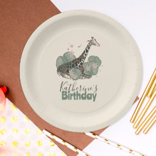 Tropical Greenery Giraffe Animal Birthday Party Paper Plate