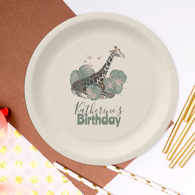 Tropical Greenery Giraffe Animal Birthday Party Paper Plate (Creator Uploaded)