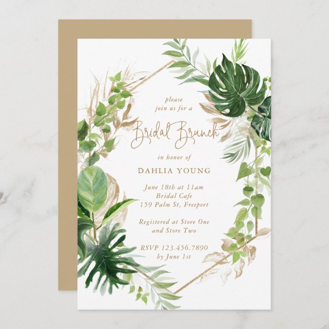 Tropical Greenery Gold Geometric Bridal Brunch Invitation (Front/Back)