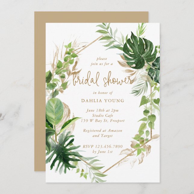 Tropical Greenery Gold Geometric Bridal Shower Invitation (Front/Back)