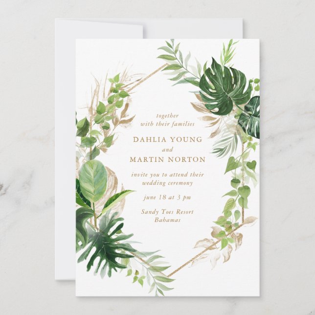 Tropical Greenery Gold Geometric Modern Wedding Invitation (Front)