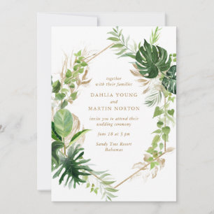 Tropical Greenery Gold Geometric Modern Wedding Invitation