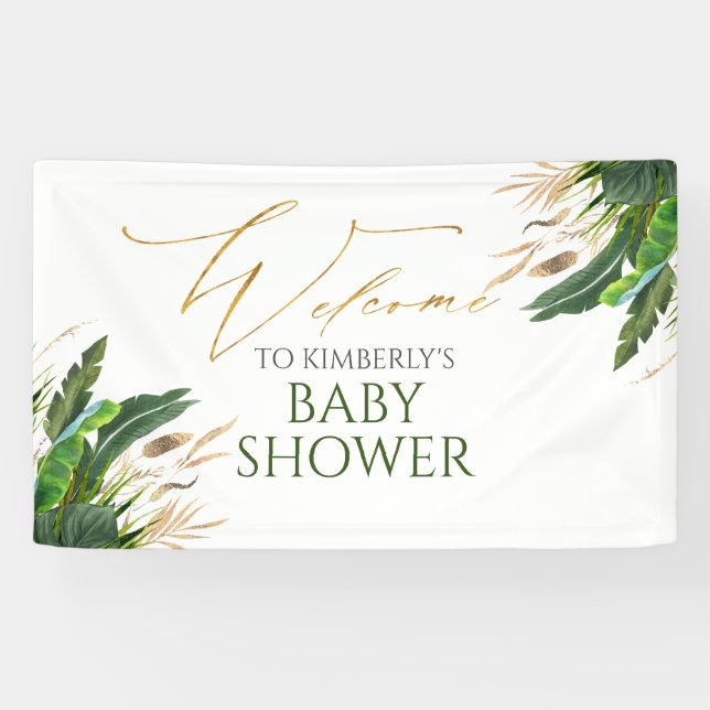 Tropical Greenery Gold Leaves Baby Shower Welcome Banner (Horizontal)