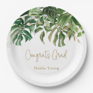 Tropical Greenery Gold Modern Graduation Paper Plate