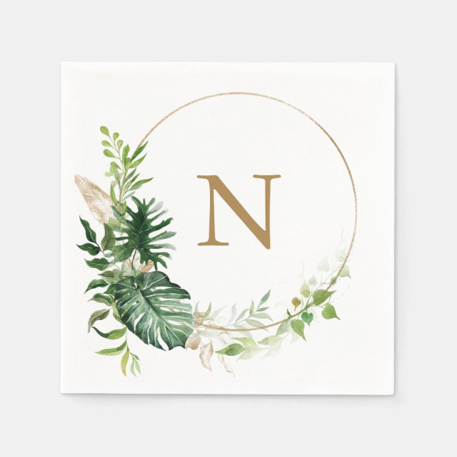 Tropical Greenery Gold Monogram Wedding Napkin (Front)