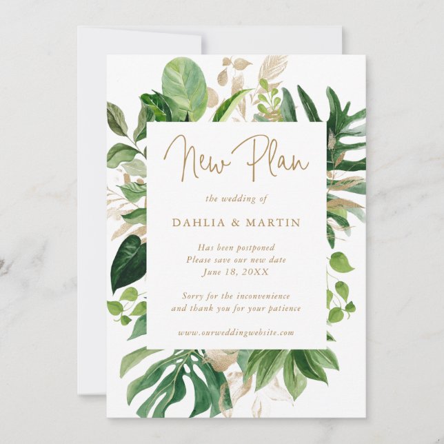 Tropical Greenery Gold Wedding Postponement Announcement (Front)