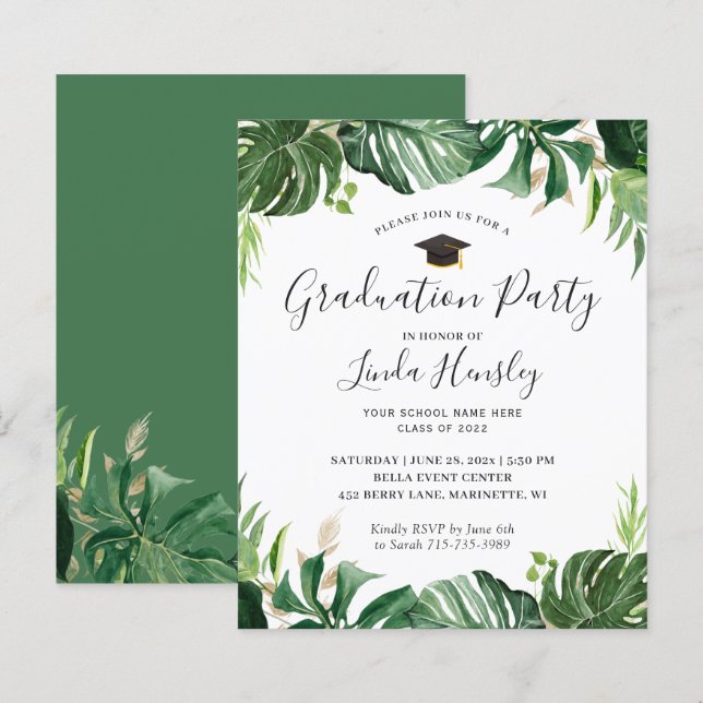 Tropical Greenery Graduation Party Invitation (Front/Back)
