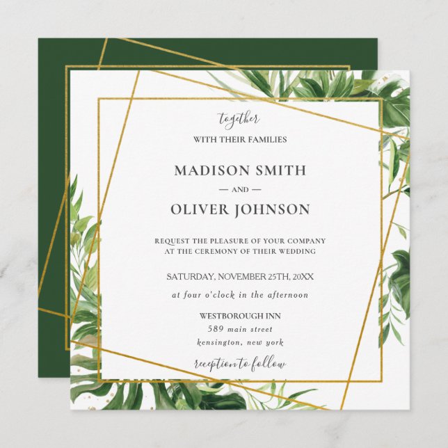 Tropical Greenery Leafy Gold Geometric Wedding  Invitation (Front/Back)