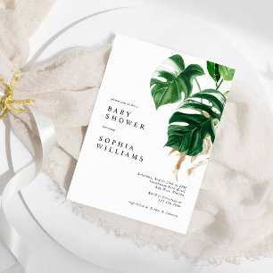 Tropical Greenery Leaves Modern Baby Shower Invitation
