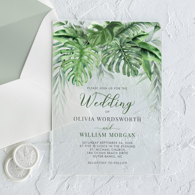 Tropical Greenery Leaves Watercolor Beach Wedding Acrylic Invitations (Creator Uploaded)