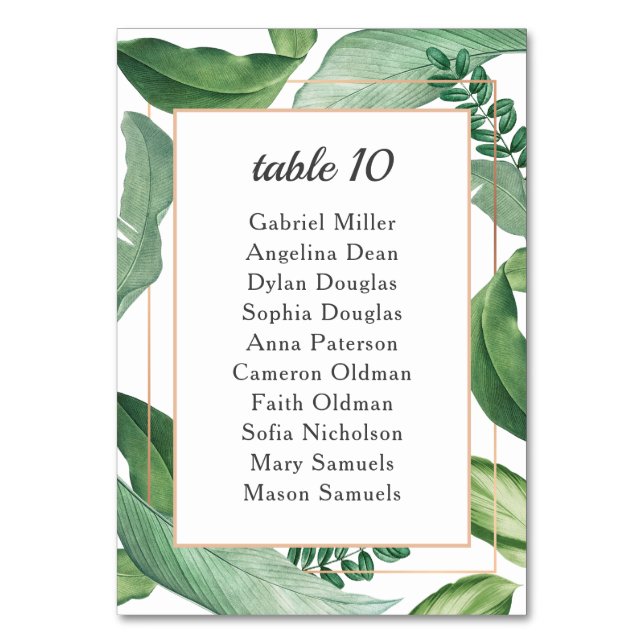 Tropical Greenery. Nature Wedding seating chart Table Number (Front)