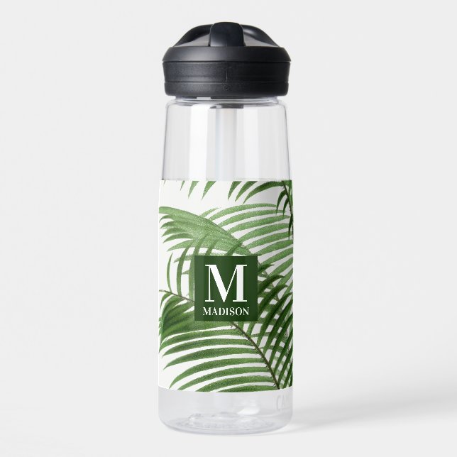 Tropical Greenery Palm Tree Monogrammed Water Bottle (Front)