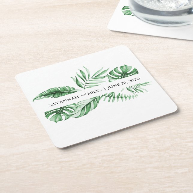 Tropical Greenery Palm Wedding Monogram Square Paper Coaster (Angled)
