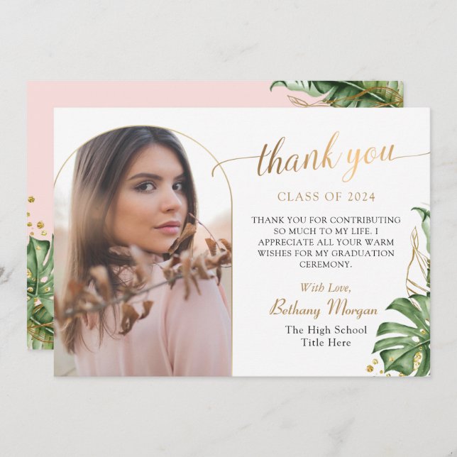 Tropical Greenery Pink Gold Arch Photo Graduation Thank You Card (Front/Back)