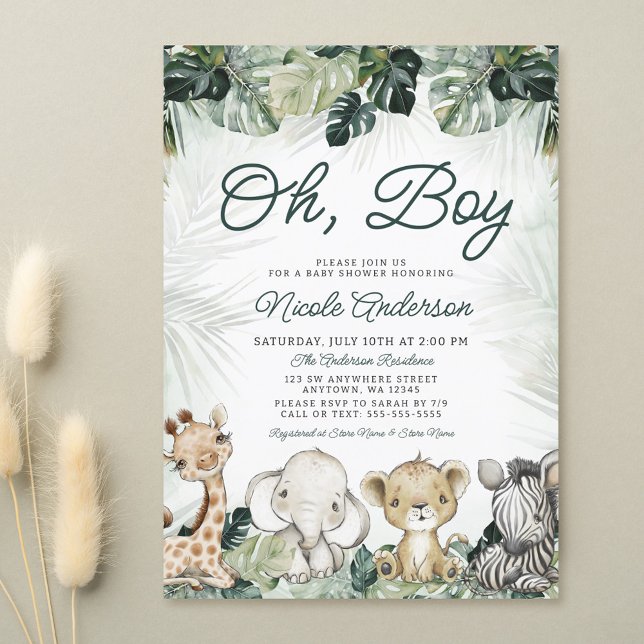Tropical Greenery Safari Animals Boy Baby Shower Invitation (Creator Uploaded)