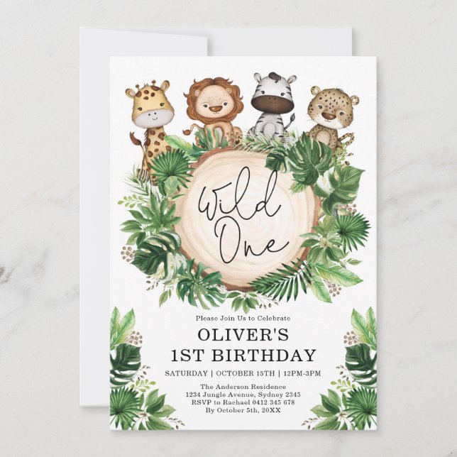 Tropical Greenery Safari Animals Wild One Birthday Invitation (Front)