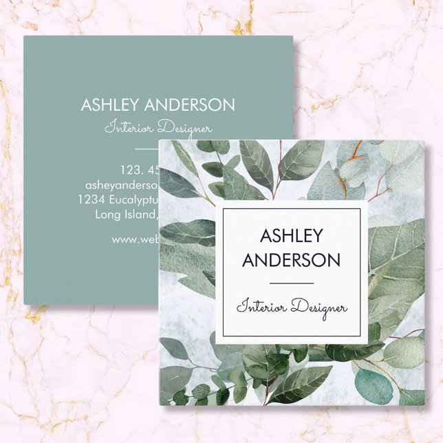 Tropical Greenery Sage Eucalyptus Leaves Square Business Card (Front and Back)