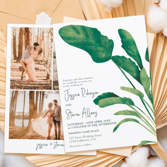 Tropical greenery script plant 3 photo wedding invitation (Creator Uploaded)