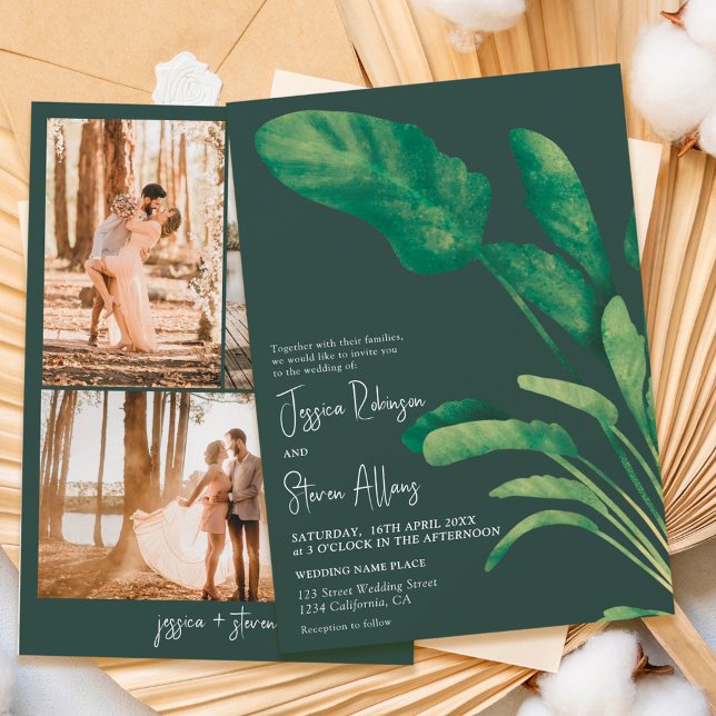 Tropical greenery script plant 3 photo wedding invitation (Creator Uploaded)