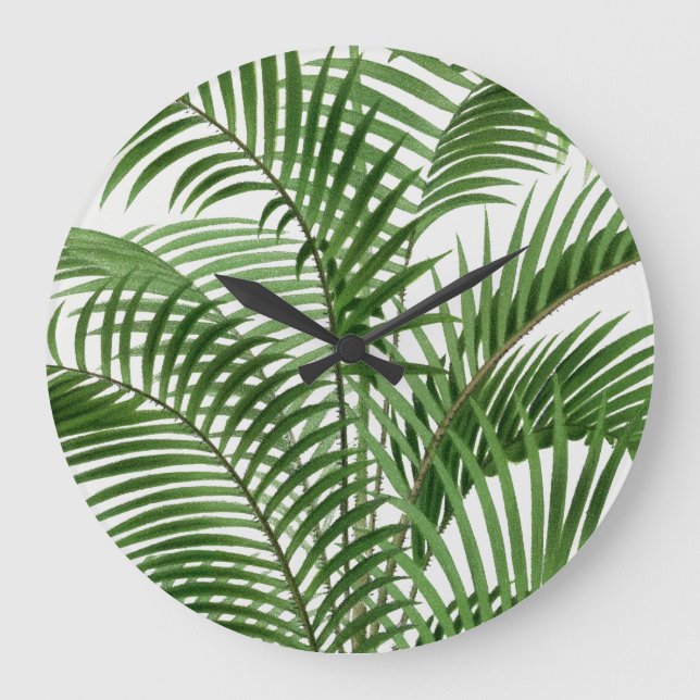 Tropical Greenery Watercolor Palm Tree Leaves   Large Clock (Front)