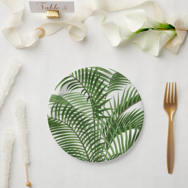 Tropical Greenery Watercolor Palm Tree Leaves Paper Plate (Wedding)