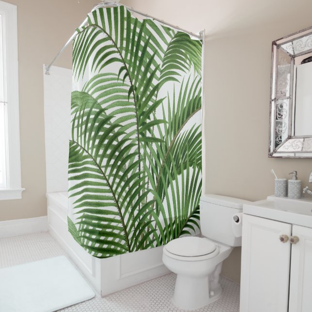 Tropical Greenery Watercolor Palm Tree Leaves   Shower Curtain (In Situ)