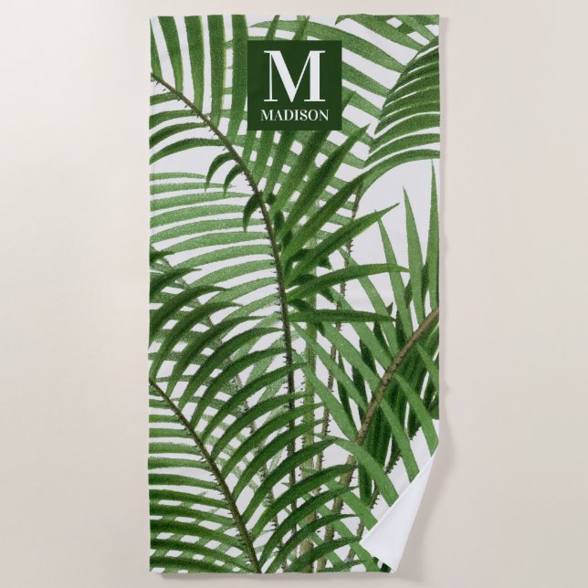Tropical Greenery Watercolor Palm Tree Monogrammed Beach Towel (Front)