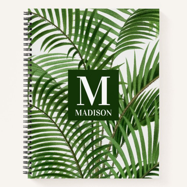 Tropical Greenery Watercolor Palm Tree Monogrammed Notebook (Front)