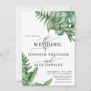 Tropical Greenery Watercolor  QR Code Wedding Invitation